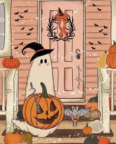 a halloween scene with a snowman and two pumpkins on the porch, one in front of an open door