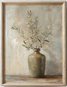 a painting of an olive branch in a vase