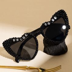 Sunglasses with black pearl and crystals Up to 8-10 letters can be added to one side of the glasses Pearl Sunglasses, Bridesmaids Party, Personalized Sunglasses, Party Glasses, Custom Sunglasses, Bridesmaid Party, Black Pearl, Eyewear Sunglasses, Sunglasses Accessories