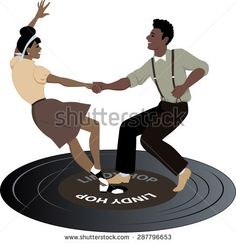 two people dancing on top of a record