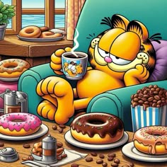 a cartoon character sitting in a chair with donuts and coffee