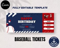 a baseball ticket with the name happy birthday on it