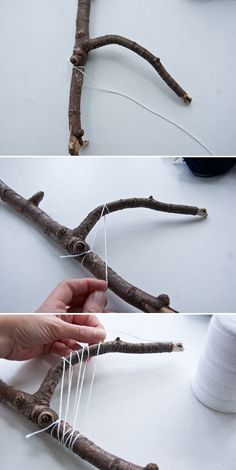 two pictures show how to make a twig tree