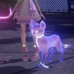 a doll and a cat are standing next to each other in the dark with neon lights