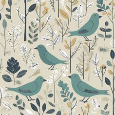 two blue birds sitting on top of leaves and plants in front of a beige background