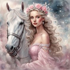 a painting of a woman and a white horse in the sky with pink flowers on their head