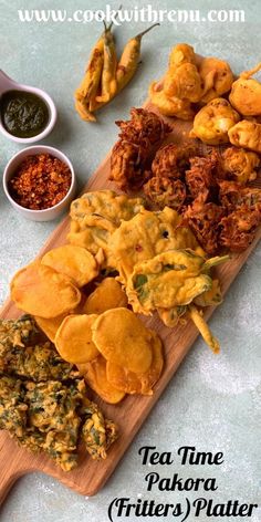 tea time pakbaa fritters platter with dipping sauces on the side