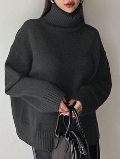 Gris Oscuro Casual Collar Manga hasta la Muñeca Tela Liso Pullovers Embellished Estiramiento medio Long Green Sweater, Green Sweater Outfit, Green Outfits For Women, Blue Sweater Outfit, Grey Sweater Outfit, Dark Blue Sweater, Turtleneck Outfit, Women Sweaters