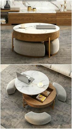 the coffee table is made out of wood and marble