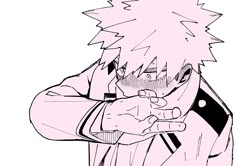 a black and white drawing of a guy with pink hair pointing his finger at something