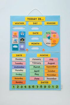 a bulletin board with days of the week written on it and magnets attached to it