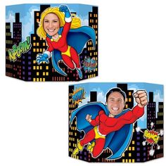 two mugs with the image of a man and woman in superhero costumes on them