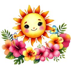 the sun is surrounded by flowers and leaves