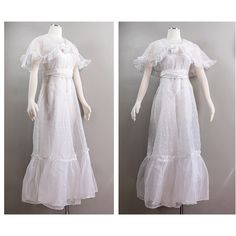 "This is such a wonderful ethereal 30s white cotton voile dress with embroidered white polka-dots. The dress has a V-ed neckline with a fun little cotton lawn flower at the center with beaded sequins at the center. There is also a cape attached to the neckline in the same cotton voile, falling just short of the sleeves length.It also has a fun ruffle at the hem. The dress is simple and has those iconic art deco seam lines. The skirt is A-line with a full ruffled flounce at the hem. The dress has Organdy Dress, Cotton Voile Dress, Voile Dress, Iconic Art, Angel Dress, Dog Bones, Cotton Voile, Dress Clothes For Women, White Polka Dot