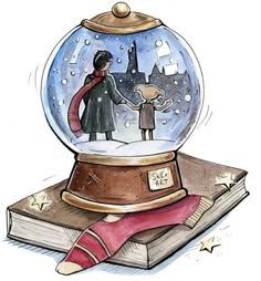 a drawing of a girl and boy holding hands in a snow globe on top of a book