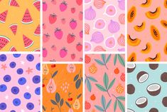 six different patterns with fruits and berries on them, all in pastel pinks