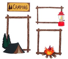 a set of four wooden frames with camp signs on them and a fire in the middle