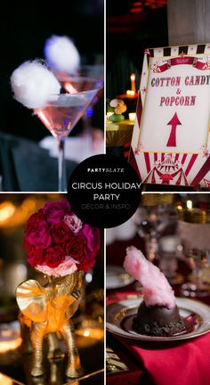 various pictures of different types of food and drink at a circus themed party or event