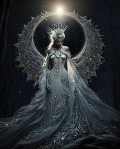 a woman in a white dress with a crown on her head standing in front of a full moon