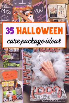 halloween care package ideas for kids with text overlay that reads, 35 halloween care package ideas