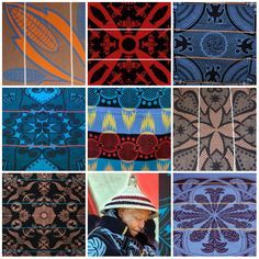 many different patterns and colors are shown in this collage, with one person wearing a hat