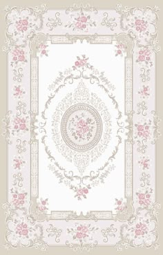 a white and pink rug with flowers on the bottom, in an ornate frame pattern