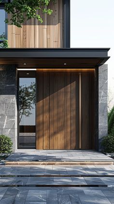 an entrance to a modern home with wood doors and stone steps leading up to the front door