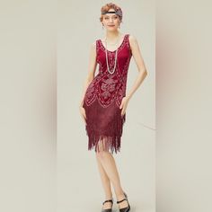 Nwot Babeyond 1920s Flapper Dress, Size Large. 100% Polyester. Length: Approx. 41”. Color: Burgandy Zipper Closure For Easy Wear, Long Fringe, Which Moves Beautifully During Walking And Dancing. Beautiful Embroidered Dress With V Neck, Midi Length, And Sleeveless. It Has Three Layers Of Fringe. White Tennis Dress, Dress With V Neck, Shapewear Dress, Polka Dot Maxi Dresses, Knit Wrap Dress, 1920s Flapper Dress, Long Red Dress, Black Knit Dress, 1920s Flapper