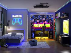 a room with a bed, desk and television in it that has a game controller on the wall