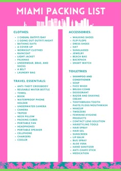 the miami packing list is shown in pink and green, with palm leaves on it