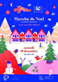 the poster for an event with snowmen and christmas trees in front of buildings on a snowy