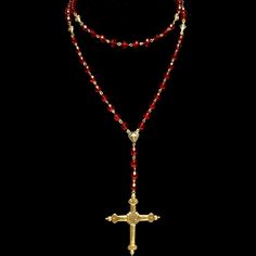 Forgotten Graces, "Seven Joys" Sacred Heart Rosary Necklae in Garnet and Gold features Seven set of ten garnet crystal beads. Inspired by the Seven Joys of the Virgin, it reflects on the a popular devotion to events of the life of the Virgin Mary, arising from a trope of medieval devotional literature and art. While it can be used as a true rosary due to the sacred design, it can also be worn as every day wear. The "Seven Joys" has a 2" two sided cross with a Sacred Heart on one side and a Compa Antique Garnet Necklace, Garnet Necklace Gold, Red Rosary Necklace, Evening Meditation, Garnet Rosary, Jesus Crown, Red Garnet Necklace, Antique Red Garnet Necklace, Gold Rosary