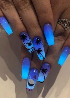 Palm Tree Nails, Unghie Sfumate, Nagellack Trends, Tropical Nails, Tree Nails, Blue Acrylic Nails, Glow Nails, Nail Art Ombre