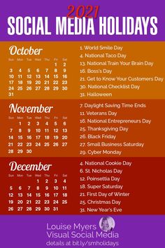 the social media holidays calendar is shown in red, purple and orange colors with dates for each month