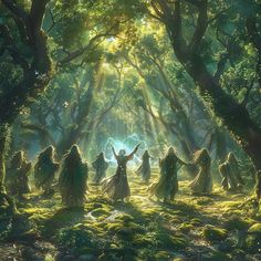 a group of people standing in the middle of a forest surrounded by lush green trees