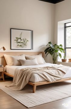 a bedroom with a bed, rug and plant in the corner