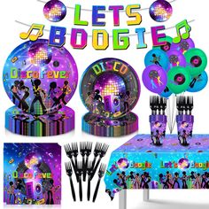 disco party supplies including tableware and decorations