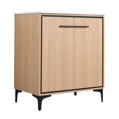 a wooden cabinet with black legs and a white top