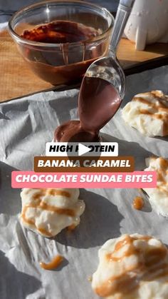 chocolate sundae bites are being drizzled with caramel