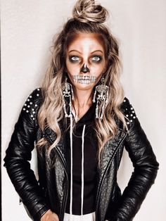 Punk Rock Skeleton Costume, Skelton Pretty Makeup, Skeleton Costumes For Women, Cute Skeleton Costume For Women, Womens Skeleton Costume Ideas, Womens Skeleton Costume Make Up, Adult Skeleton Costume Diy, Skeleton Diy Costume Women, Punk Rocker Halloween Costume