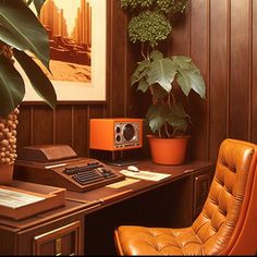 a brown leather chair sitting next to a wooden desk