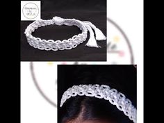 two pictures of a woman wearing a white headband with tassels on it