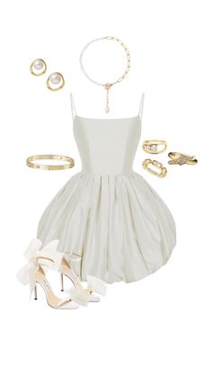 a white dress and accessories are arranged on a white surface, including high heeled shoes