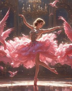 a young ballerina is dressed in pink feathers and sparkles with her arms outstretched