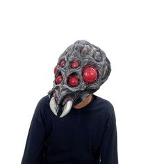 This supersized arachnoid alien mask has alien eyes and fangs for great scare factor, The mask is constructed with a foam insert for height and comfort and bone like spider-like features! This spider mask has a great alien look but also resembles a spider face in a full overhead latex mask. This mask utilizes a foam insert to help keep the wearer comfortable and prevent the mask from shifting on the wearer's head. Hand-poured, painted, and assembled in the USA. This Halloween mask can be used co Horror Masks For Halloween Fantasy Events, Sci-fi Black Masks And Prosthetics For Halloween, Fantasy Skull Mask For Halloween, Eyes Snap, Monster Spider, Spider Monster, Spider Mask, Monster Gloves, Alien Eyes