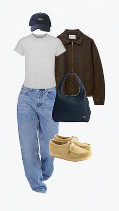 Fall and winter outfit inspo. Wallabees outfit. Clarks Wallabees. Navy outfit. Brown leather jacket. Women's style and fashion inspo Clarks Wallabees Outfit Women's, Clarks Wallabees Women's, Wallabees Outfit Womens, Clarks Wallabees Outfit, Wallabees Outfit, Casual Winter Outfit, Outfit Brown, Clarks Wallabees, Navy Outfit