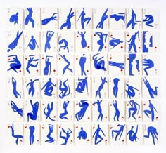 blue and white artwork with red dots in the shape of people doing different things on it