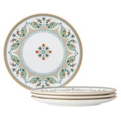 Serene Garden is a white porcelain pattern featuring an array of stylistic elements combined to create a harmonious design. The edges feature gold banding and a chevron pattern. In addition, items feature arches paired with various presentations of lotus flowers, with a center medallion on selected items. The salad plate features a stylized peacock over a white background, contrasting from the dinner plate and creating depth on the table. Serene Garden offers place setting components as well as an array of serving pieces and accessories. The 12-piece set is the perfect starter set and includes service for 4. Serene Garden is suitable for everyday use and is dishwasher safe! | Noritake Serene Garden Set Of 4 Salad Plates, 8-1/4", Green Stylized Peacock, Porcelain Pattern, Serene Garden, Modern Art Styles, Dining Plates, Lotus Flowers, Garden Set, Salad Plate, Place Setting