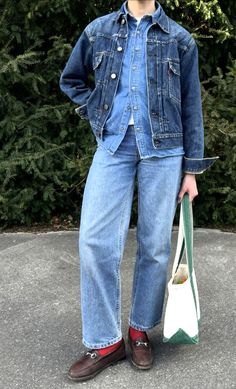 Winter 24 Outfits, Fran Lebowitz Style, Double Denim Outfit Women, Flannel Layering Outfits, Wide Leg Jeans Outfit Street Style, Full Denim Outfit, Maine Style, Queer Clothes, Gender Fluid Fashion