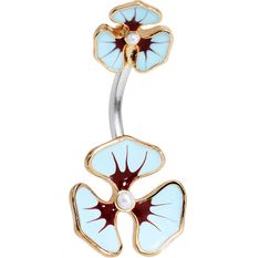 a gold and blue flower belly ring with pearls